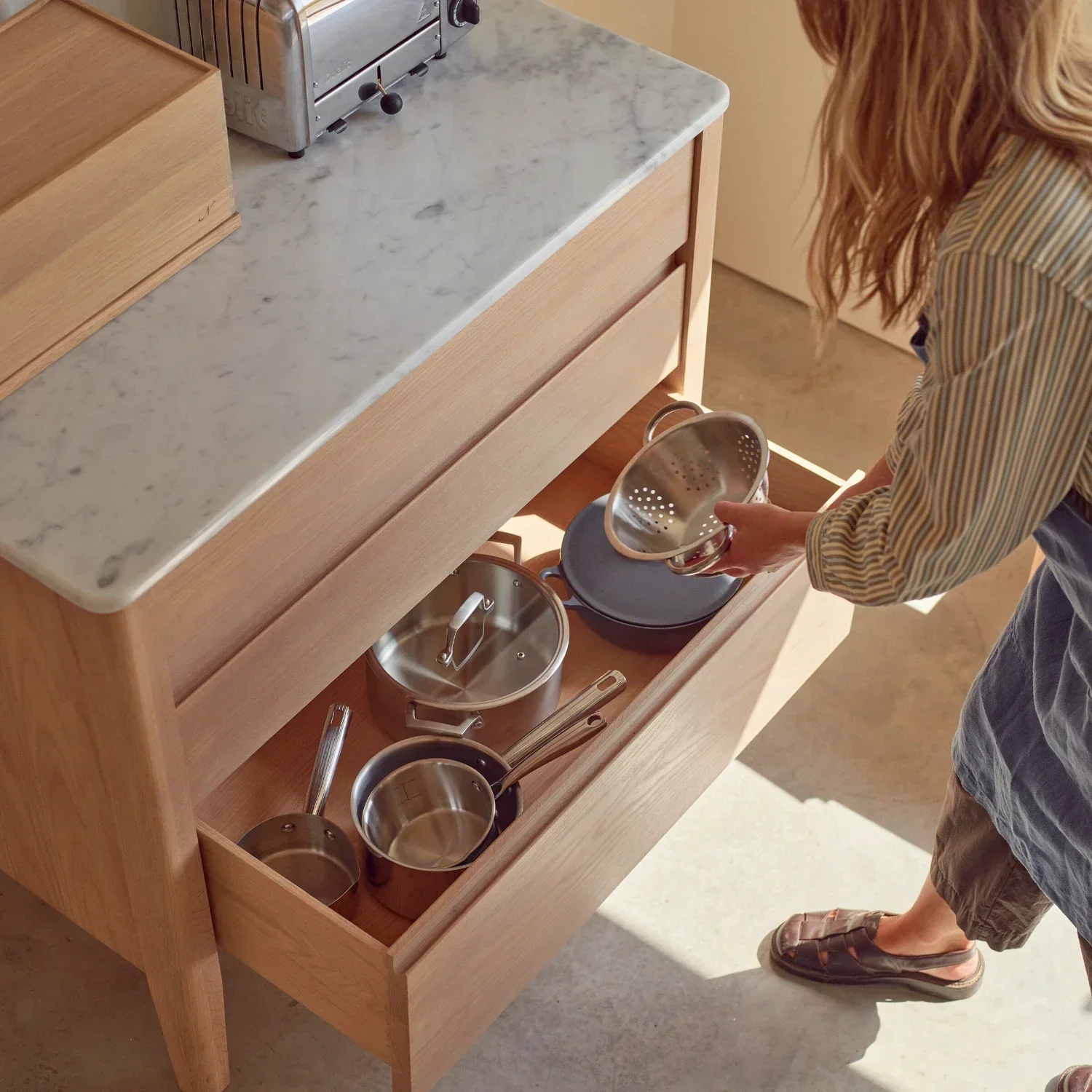 Borough Freestanding Oak Pan Drawer with Marble Top - Image 3