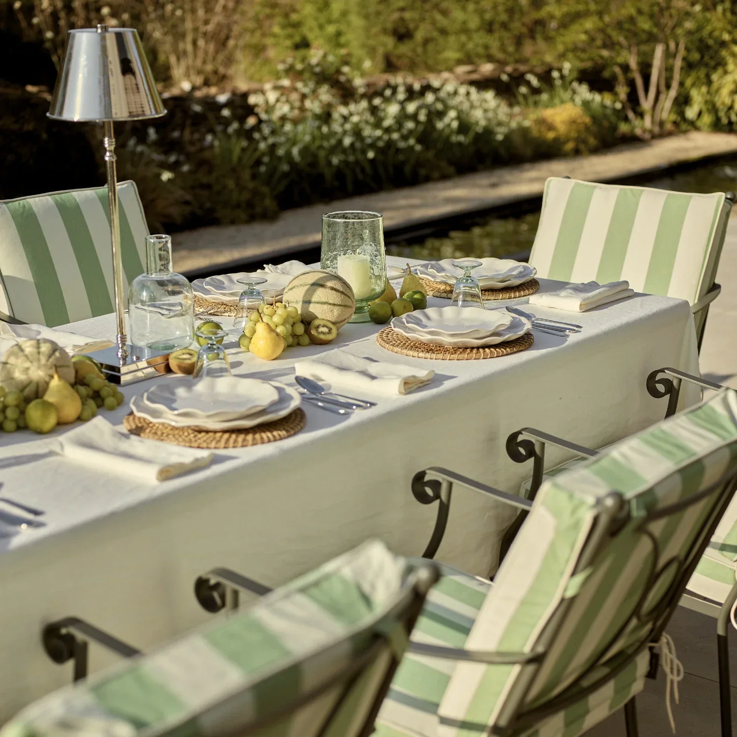 Cheltenham 10 Seater Metal Garden Dining Set with Granite Top, Green Stripe - Image 7