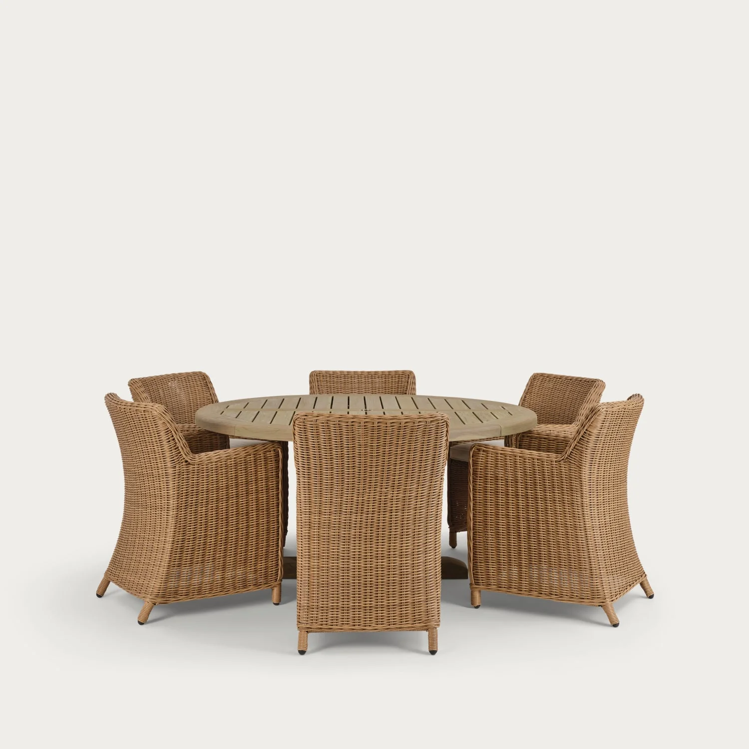 Harmondsworth 6 Seater Round Teak Garden Dining Table Set with Stanway Honey Carver Chairs - Image 11