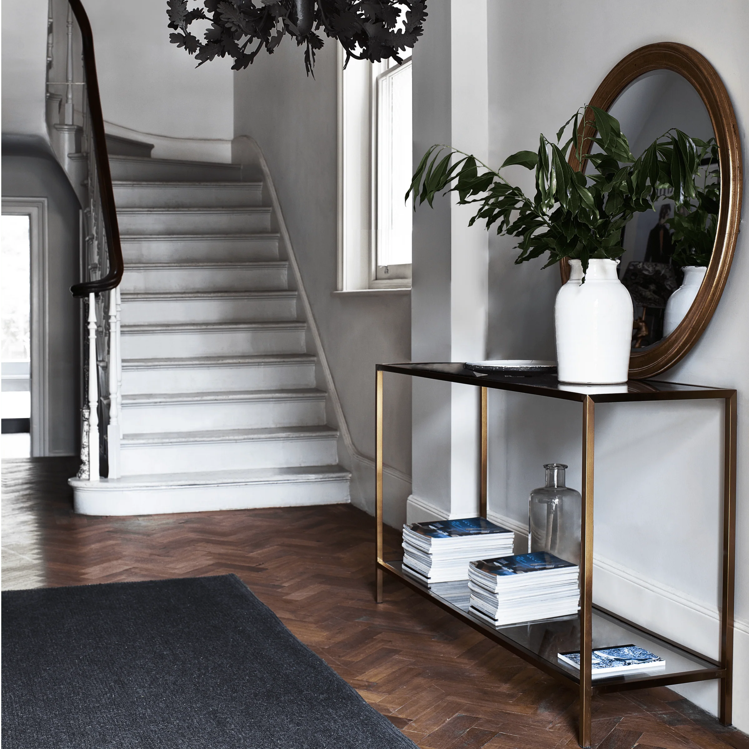 Keswick Large Brass Console Table with Glass Shelf