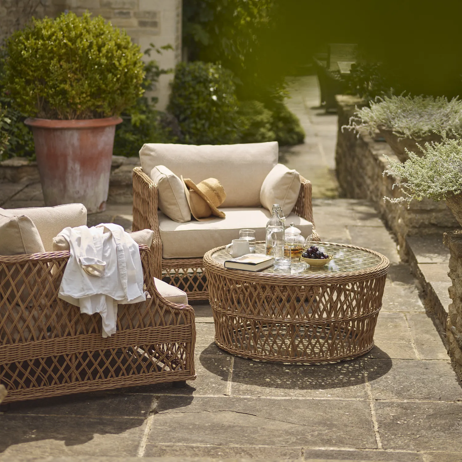 Longmeadow Wicker Garden Armchair Set with Coffee Table - Image 4